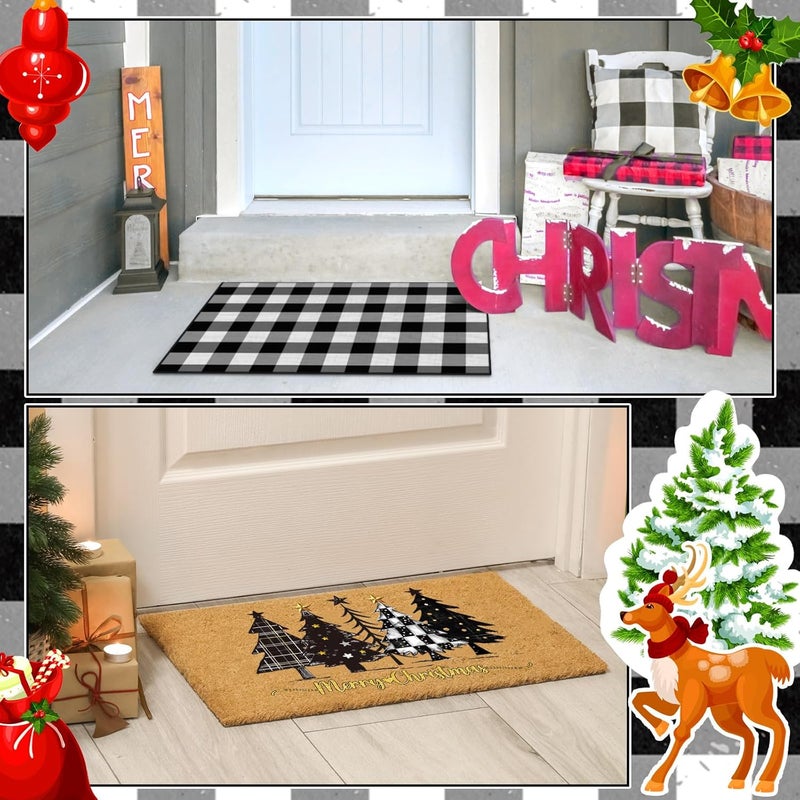 Fourluoo 2 Pcs Christmas Front Porch Rug Buffalo Plaid Christmas Door Mat Imitation Coco Coir Black White Xmas Tree Welcome Layering Rug for Outdoor Winter Home Festival Holiday Decor, 28 x 43 Inch - Image 5
